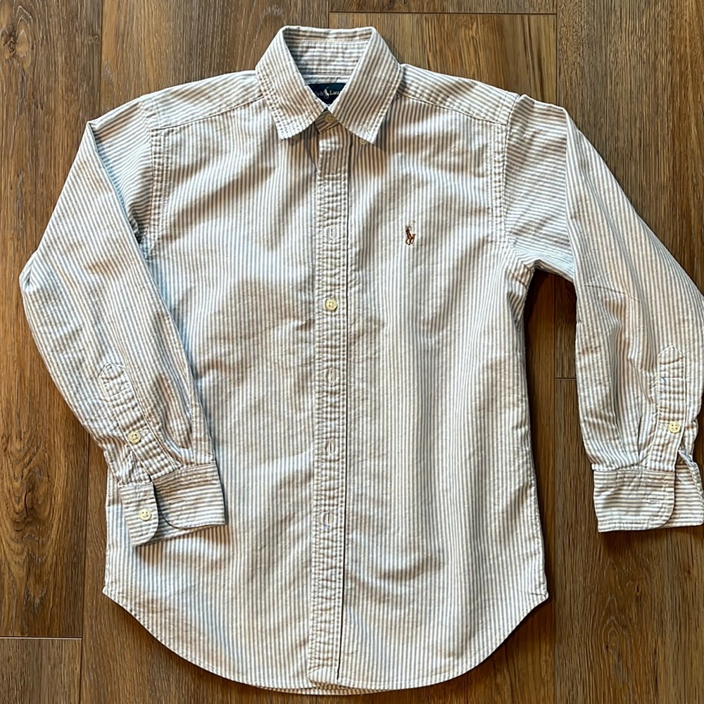 Ralph Lauren, blue and white striped button-down boys shirt, 100% cotton